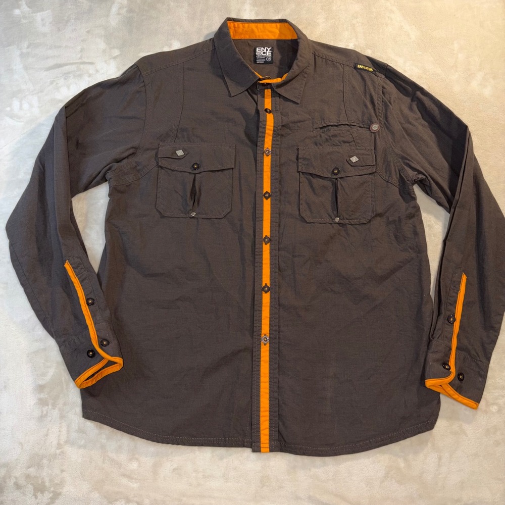 Enyce Mens Long Sleeve Button Down Shirt Brown Orange‎ Contrast Cotton Medium